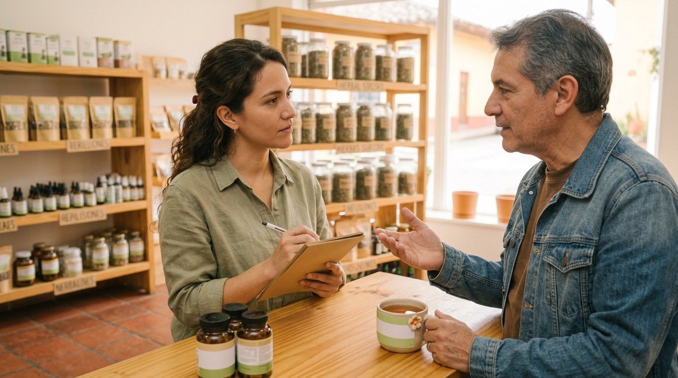 Asesora de tienda naturista escuchando a un cliente y tomando notas antes de recomendarle un producto